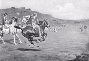 Řečtí jezdci házející oštěpem, ilustrace z „Hutchinsonových dějin národů“, 1915