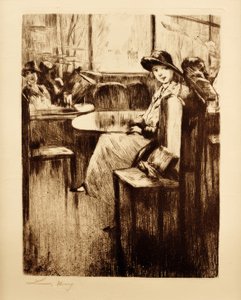 Mladá dívka v kavárně s výhledem na ulici od Lesser Ury