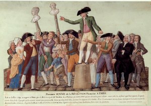 První scéna francouzské revoluce v Paříži: 12. 7. 1789, po králově propuštění Jacquese Neckera, Camille Desmoulinsová uspořádala dav v Palais Royal a vyzvala k povstání proti vládě. Busty Jacquese Neckera a Louise Phila od Lesueur Brothers