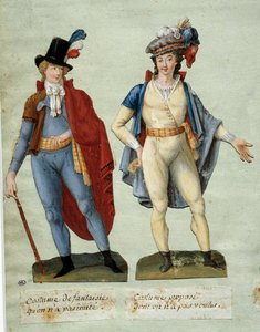 Francouzská revoluce: kostýmy fantasy revolucionářů, které nebyly napodobeny. Gouache des freres Lesueur (18. století)