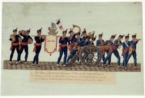 Francouzská revoluce z roku 1789: „“ mladých mužů nesoucích na Konvent prach, salpetre, který vyrobili, a dělo, které roztavili. Gouache des freres Lesueur (18. století) od Lesueur Brothers