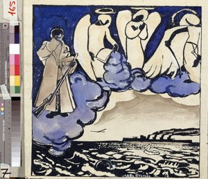 ""Válka. Rusko. 1914"" Alegorie první světové války. Voják a andělé. Pero a kvaš od Lva Bruniho (1894-1948) 1914 Státní muzeum historie, architektury a umění, Rybinsk, Rusko od Lev Aleksandrovitc Bruni