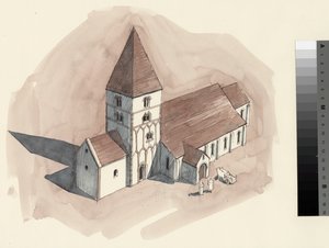 Rekonstrukční kresba kostela sv. Petra z normanského období (akvarel na papíře) od Liam Wales