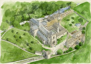 Rekonstrukce opatství Shap v roce 1530 (akvarel na papíře) od Liam Wales