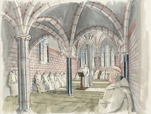 Rekonstrukce kapitulní síně v opatství Shap kolem roku 1530 (akvarel na papíře) od Liam Wales
