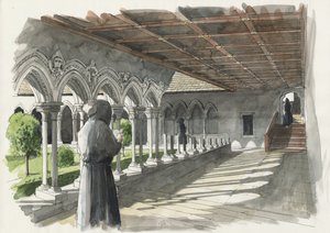 Rekonstrukce kláštera v Lanercost Priory (akvarel na papíře) od Liam Wales