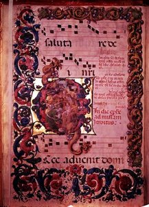 Stránka hudby s historickou iniciálou G zobrazující Klanění tří králů, z antifonálu, kolem 1473-79