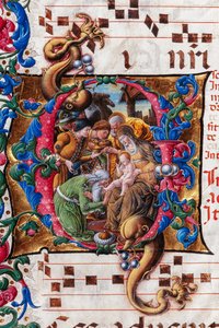 Knihovna Piccolomini: sborová kniha, treska. 19,4, násl. 9v s „Klanění tří králů“, od Liberale da Verona (asi 1445 - 1527/9). Detail.