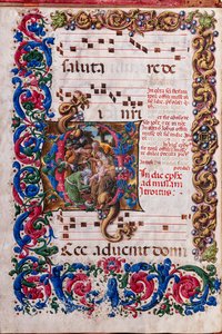 Knihovna Piccolomini: sborová kniha, treska. 19,4, násl. 9v s „Klanění tří králů“, od Liberale da Verona (asi 1445 - 1527/9).