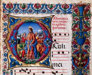 Knihovna Piccolomini: sborová kniha, treska. 21.6, násl. 2r s „Vyhnání nečistého ducha“, od Liberale da Verona (asi 1445 - 1527/9). Detail.