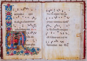 Knihovna Piccolomini: sborová kniha, treska. 22,7, násl. 22v-23r s „Kristem před Pilátem“, od Liberale da Verona (asi 1445 - 1527/9).