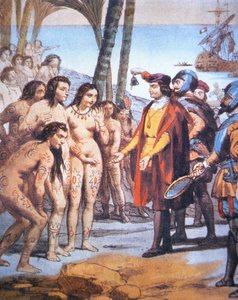 Kryštof Kolumbus přistává v Novém světě v roce 1492 a je vítán indiány Taino (barva litho) od Unbekannt Unbekannt