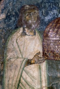 Kupující fresky kostela Agia Anna, drží model kostela, freska z roku 1642, Anisaraki, Kréta, Řecko od Unbekannt Unbekannt