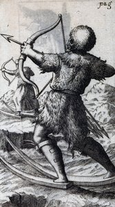 Lovec s lukem a šípem na krátkých lyžích, ilustrace z De Calceo Antiquo, od B Balduinus od Unbekannt Unbekannt