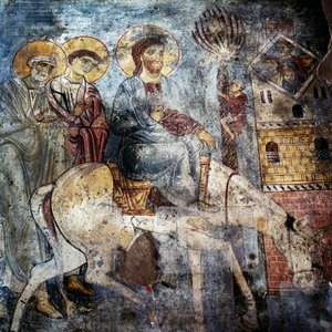 Ježíš vjíždějící do Jeruzaléma na oslu, fresky uvnitř kláštera Panagia Antifonitria, Myriokefala, Kréta, Řecko (foto) od Unbekannt Unbekannt