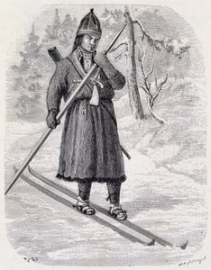 Lars Tuorda, laponský atlet vítězný v závodě na lyžích organizovaný v roce 1884 Adolfem Erickem Nordenskjoldem, kresba tuší od Unbekannt Unbekannt