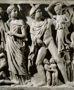 Mramorový sarkofág, Reliéf zobrazující Prométheův mýtus, Detail, Hermes a jeden z Parcae nebo Osudů, z Arles od Unbekannt Unbekannt