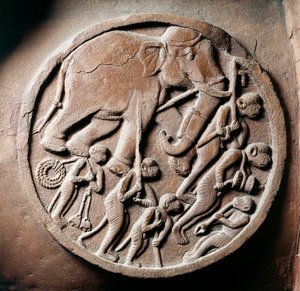 Medailon s opicemi a slony, reliéf ze stúpy Bharhut, buddhistický památník, Madhjapradéš, Indie, indická civilizace, 2. století před naším letopočtem od Unbekannt Unbekannt