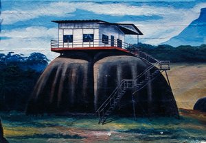 Nástěnná malba zobrazující dům lesních kmenů zrekonstruovaný v Etnologickém muzeu Amazonas Monsignor Enzo Ceccarelli, Puerto Ayacucho, stát Amazonas, Venezuela od Unbekannt Unbekannt