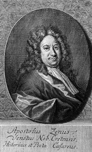 Portrét Apostola Zena (asi 1668-1750), italského básníka, libretisty, novináře a spisovatele, rytina od Unbekannt Unbekannt