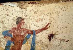 Průvod s atletem, detail, freska z Tomb of Diver, Paestum, Kampánie, Itálie, starověká řecká civilizace, Magna Graecia, 3. století př. n. l. (foto) od Unbekannt Unbekannt