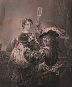 Rembrandt s manželkou Saskiou, rytina H Payne z obrazu Rembrandta, z Payne