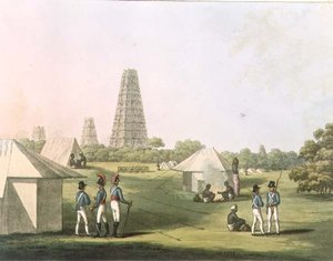 Pohled z tábora Royal Artillery, Conjeveram, deska 36 z „Malebné scenérie v království Mysore“, vyrytý hospodou H. Merke (fl. 1800-20). Edward Orme (1774-c. 1820) 1805 (aquatint)