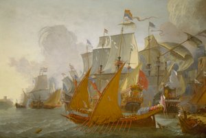 Boj mezi nizozemskou flotilou a barbarskými piráty, cca 1670 (olejomalba)