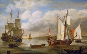 Různé holandské lodě: plachetnice, lodě a bárky. Olej na plátně, Lieve Pietersz Verschuier (1630-1686).