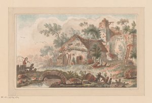 Dům před zchátralou městskou bránou, s mužem na mostě v popředí od Liger (attributed to)