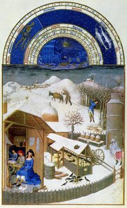 Faksimile února: scéna na farmě s rolníky, zkopírovaná z „Tres Riches Heures du Duc de Berry“ (originál viz 8434)