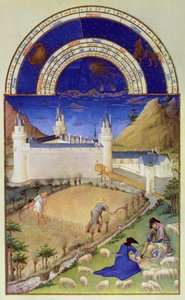 Faksimile července: Sklizeň a stříhání ovcí, z „Tres Riches Heures du Duc de Berry“ (originál viz 8439)