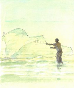 Lone Fisherman 2, 2015 (pero a inkoust s wc na papíře) od Lincoln Seligman