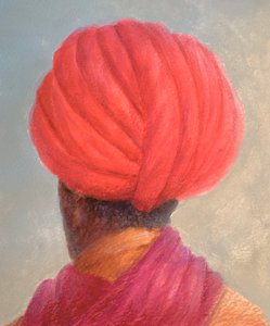 Žlutá bunda s červeným turbanem od Lincoln Seligman