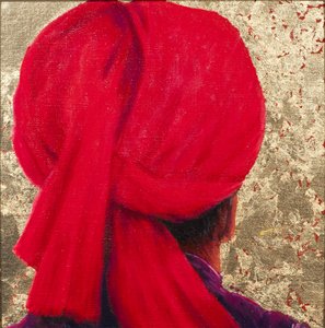 Červený turban na zlatém listu, 2014 (olej na plátně s plátkovým zlatem)