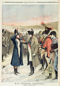 Napoleon Bonaparte (1769-1821) předává důstojnici Marii Schellinck medaili na bitevním poli, ilustrace z „Le Petit Journal“, září 1894