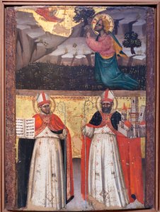 Modlitba v zahradě. Svatí Ambrož a Petronius od Lippo di Dalmasio