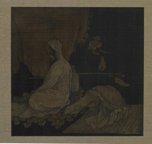 Bódhidharma medituje, s pokorným průvodcem, dynastie Čching, asi 1708, tuš a barva na hedvábí od Liu Hualiang
