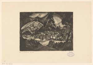 Kopcovitá krajina se stromy a budovami Le Soir (původní název na objektu) od Lodewijk Schelfhout (signed by artist)