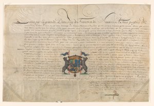 Diplom, kterým Ludvík XIV. povýšil Cornelis Lampsins na barona z Tobaga a rytíře Řádu svatého Michela od Lodewijk XIV (koning van Frankrijk) (signed by artist)
