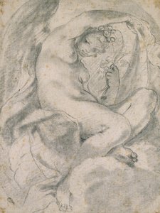 Nymfa (Flora) uprostřed mraků (černá křída s pahýlem na špinavě bílém papíře) od Lodovico Carracci