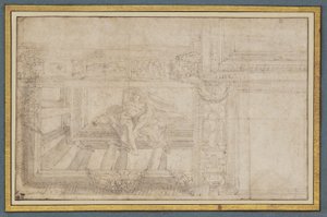 Ignudo, po nástropní fresce v Sala di Ulisse, Palazzo Poggi, Bologna od Lodovico Carracci