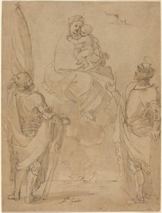 Panna a dítě se zjevují svatým Jiřímu a Williamovi od Lodovico Carracci