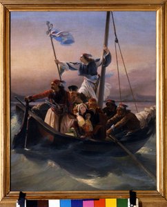 Řekové na lodi Alegorie Řecka pochodující k nezávislosti po osmanské nadvládě a řecké válce za nezávislost (1821-1830) nebo řecké revoluci. Obraz Ludovica Lippariniho (1800-1856) 1848 Verone od Lodovico Lipparini