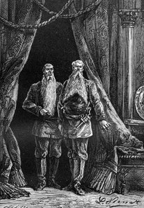Kresba Leona Benetta z knihy Julese Verna "500 milionů Begum" - edice Hetzel/Extraordinary Voyages 1879. Vzhled Arminia a Sigimera, dvou impozantních vousáčů.