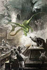 Ilustrace k románu Julese Verna "Le chateau des Carpathes", edice Hetzel/Voyages extraordinaire 1892, kresba Leon Benett. Magistr Hermod evokuje zámek s draky, poplatky, démony, přízraky, revenanty...