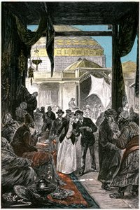 Bazar v Samarkandu (dnes Samarkand nebo Samarqand v Uzbekistánu), ilustrace k románu Julese Verna "Claudius Bombarnac", edice Hetzel 1892 - Kresba Leona Benetta (Hippolyte Leon Benet)