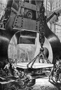 kresba Leona Benetta z knihy Julese Verna "500 milionů Begum" - edice Hetzel/Podivuhodné cesty 1879. kladivový bubeník při práci ve slévárně oceli.