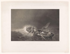 Vissers v een roeiboot op zee Marine gezichten (název série) Námořnické malby. Litografováno v mezzotintě L. Sabatierem po Eug. Isabey (název série na objektu) od Léon Jean Baptiste Sabatier