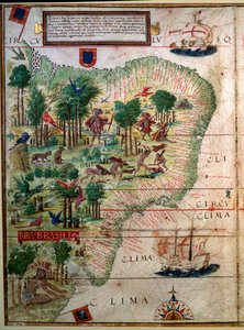 Hydrografická mapa Brazílie. Rukopis osvícený ""Portugalský námořní atlas"" od kartografa Loppa Homema 1519 Paris. B.N. od Lopo Homem